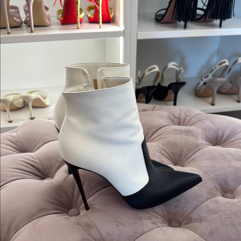 Christian Louboutin Black leather and off White linen Stiletto Ankle Booties